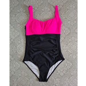 Aqua Eve One Piece Swimsuit Neon Pink Black Ruched Tummy Control Large NWT